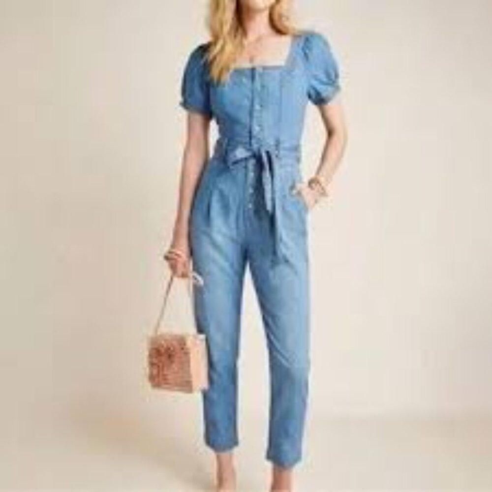 Pilcro by Anthropologie Puff Sleeve Denim Jumpsuit Size 0